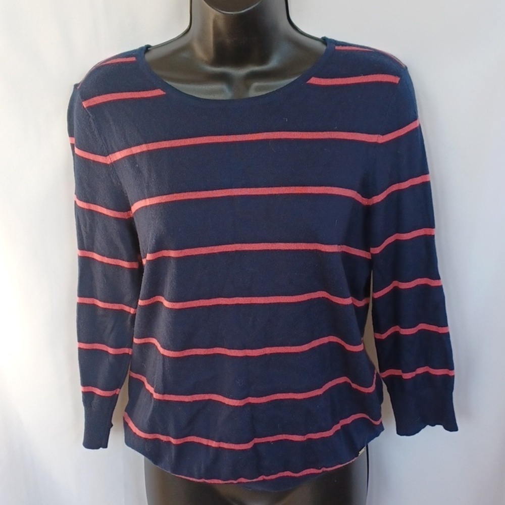 Tommy Hilfiger sweater Navy blue W/Pink Stripes, sz M, 19"PTP, 23" L, Wool Blend